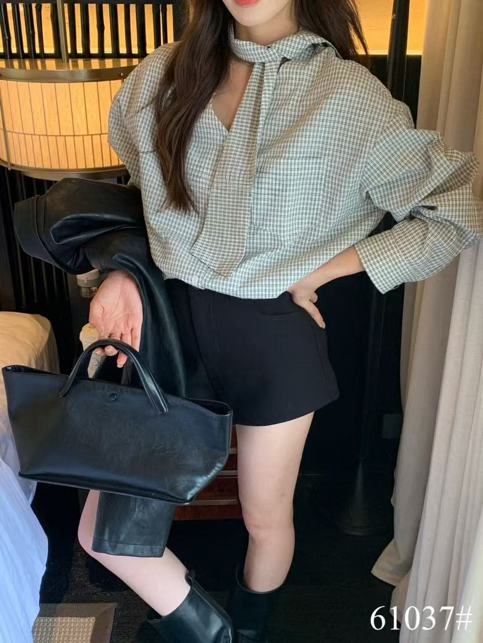 the limon 레몬 녹차 한 부서 디자인 센스 작은 대중 다용도 나비 넥타이 레이스업 체크무늬 V넥 여성 셔츠 가을 상세 이미지 10