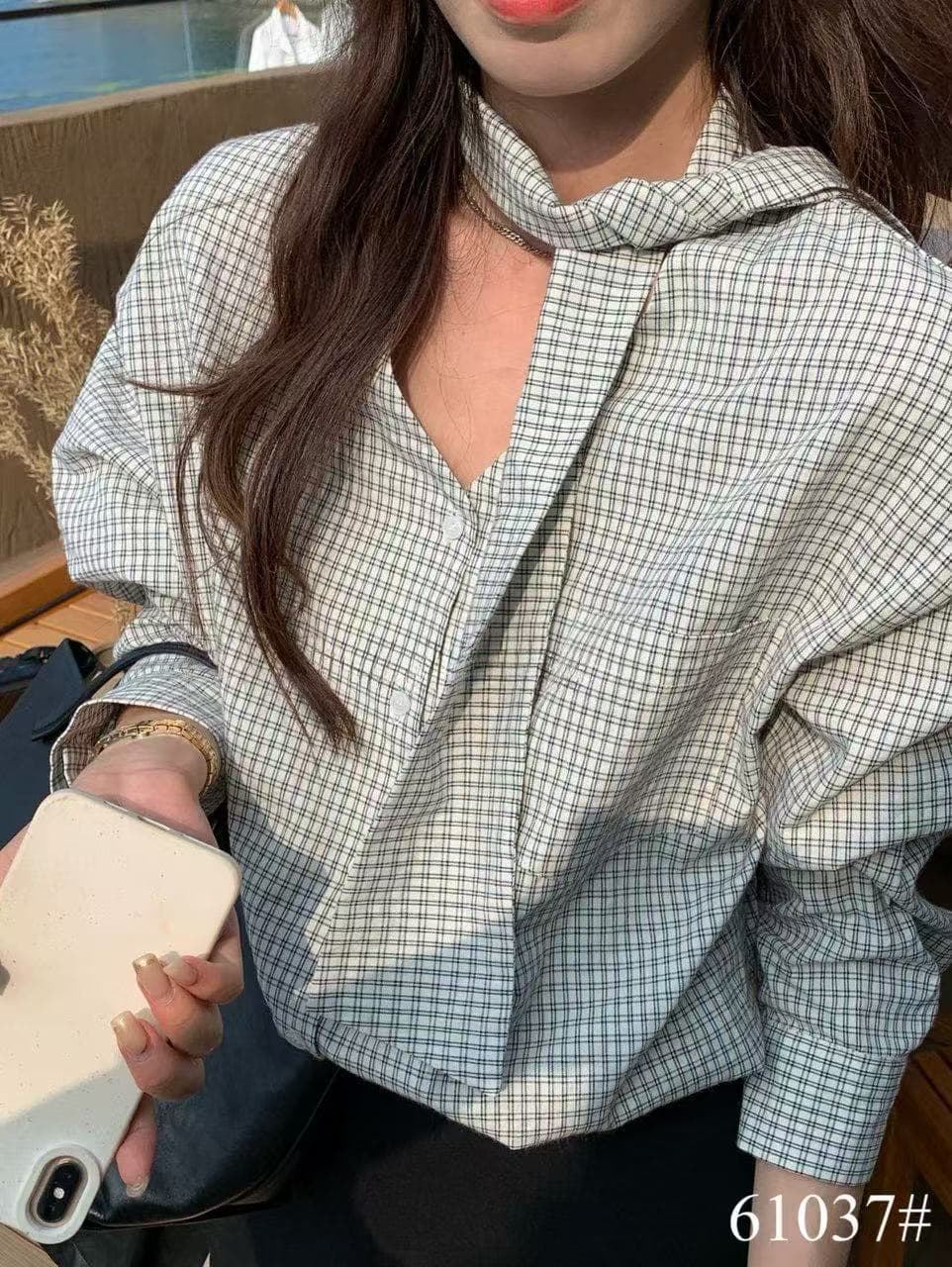 the limon 레몬 녹차 한 부서 디자인 센스 작은 대중 다용도 나비 넥타이 레이스업 체크무늬 V넥 여성 셔츠 가을 상세 이미지 12
