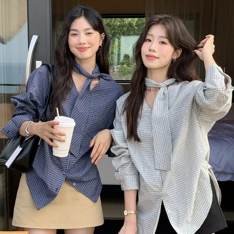 the limon 레몬 녹차 한 부서 디자인 센스 작은 대중 다용도 나비 넥타이 레이스업 체크무늬 V넥 여성 셔츠 가을