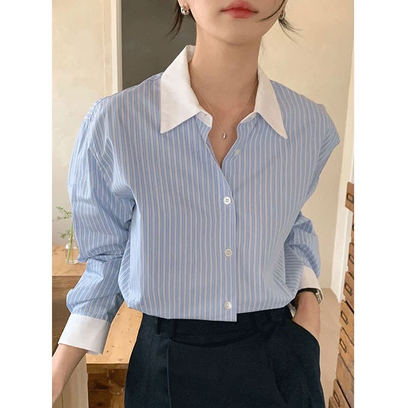 한국 chic 봄 작은 대중 품격 배색 폴로 칼라 루즈핏 캐주얼 다용도 긴팔 스트라이프 셔츠 맨위 여성 상세 이미지 2
