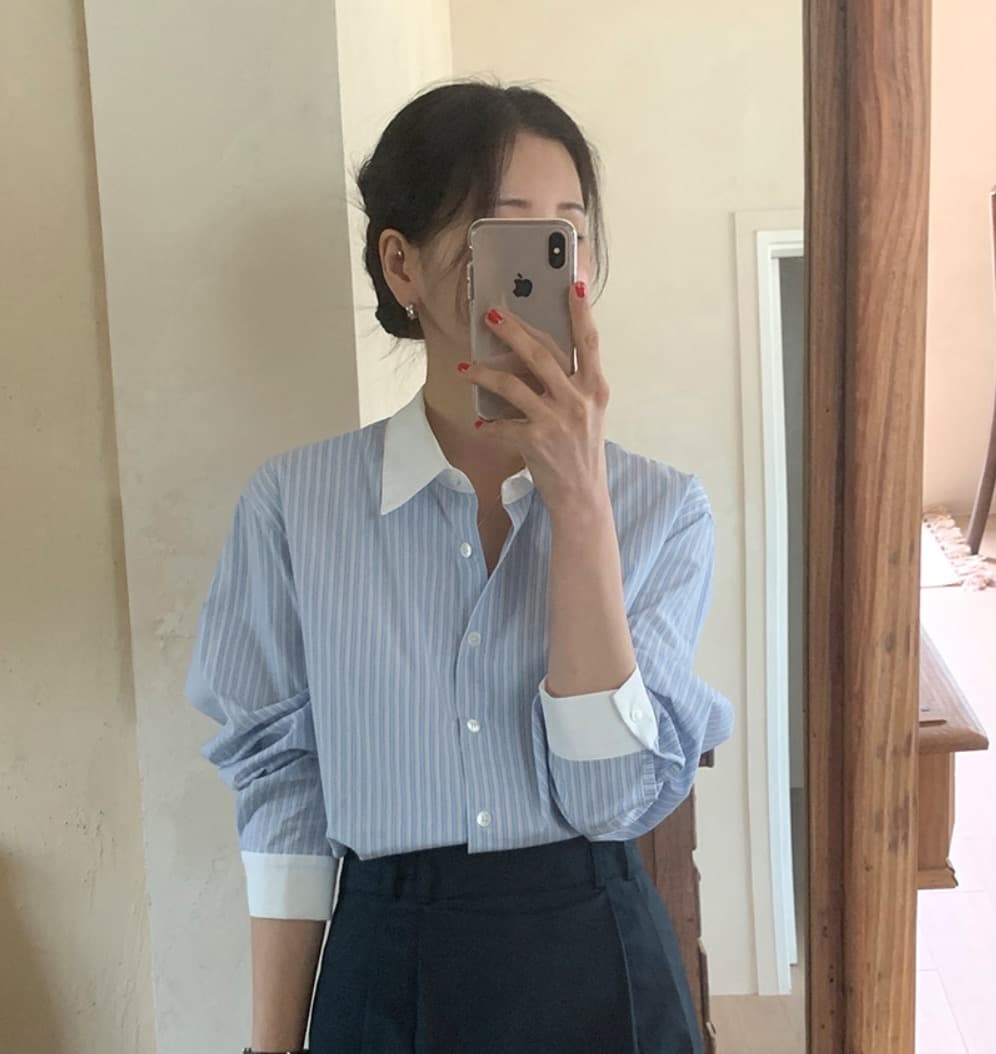 한국 chic 봄 작은 대중 품격 배색 폴로 칼라 루즈핏 캐주얼 다용도 긴팔 스트라이프 셔츠 맨위 여성 상세 이미지 3
