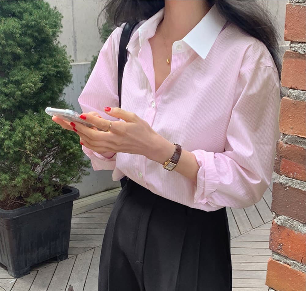 한국 chic 봄 작은 대중 품격 배색 폴로 칼라 루즈핏 캐주얼 다용도 긴팔 스트라이프 셔츠 맨위 여성 상세 이미지 5