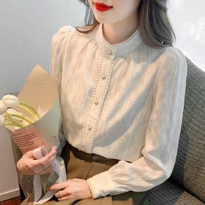봄 새로운 프랑스식 레트로 레이스 셔츠 스탠드 칼라 레이스 맨위 홀로우 아웃 인사이드 가져 가라. 셔츠 여성 상세 이미지 1