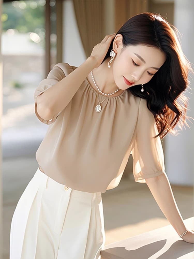 프랑스식 빛 럭셔리 망사 반팔 여성 셔츠 디자인 센스 작은 대중 여름 고유 한 Chic 루즈핏 반소매 아름다운 맨위 상세 이미지 1