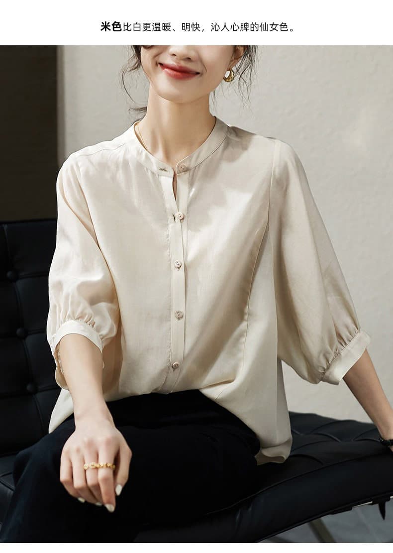 2026 여름 새로운 출퇴근 가벼움 통기성 라운드 넥 5 점 소매 여성 셔츠 루즈핏 디자인 센스 맨위 상세 이미지 3