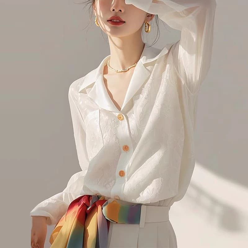 프랑스식 품격 화이트 셔츠 긴팔 봄 가을 새로운 고유 한 아름다운 작은 셔츠 이른 가을 여성 의류 실크 쉬폰 톱 상세 이미지 3