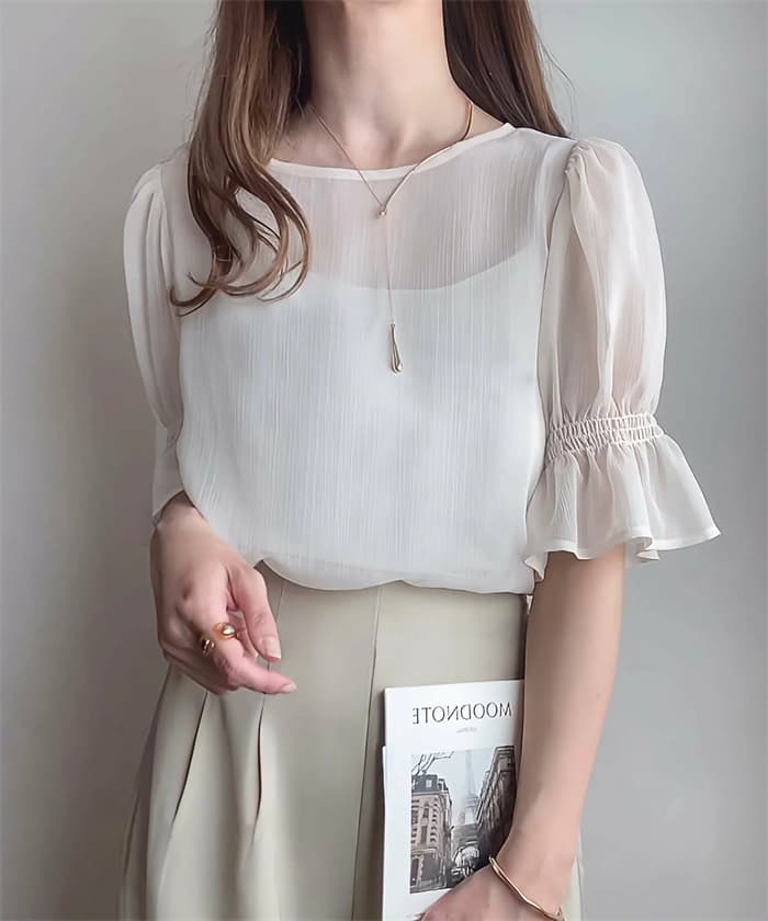 대외 무역 일본 롯데 폭발 단색 반팔 티셔츠 라운드 넥 거품 소매 쉬폰 블라우스 기본 셔츠 맨위