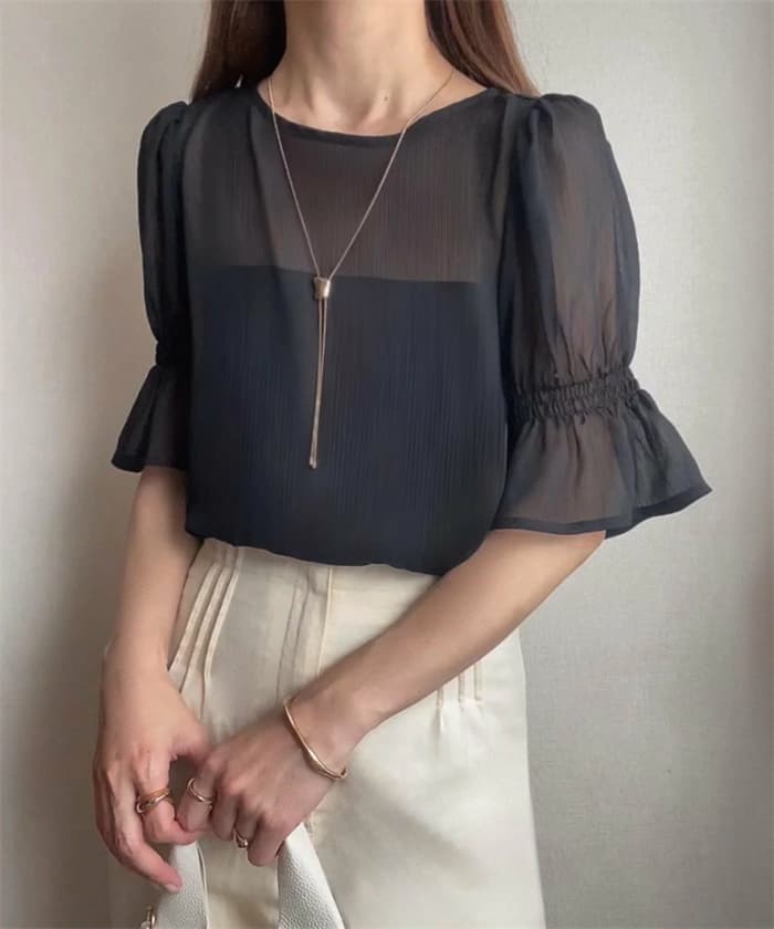 대외 무역 일본 롯데 폭발 단색 반팔 티셔츠 라운드 넥 거품 소매 쉬폰 블라우스 기본 셔츠 맨위 상세 이미지 1