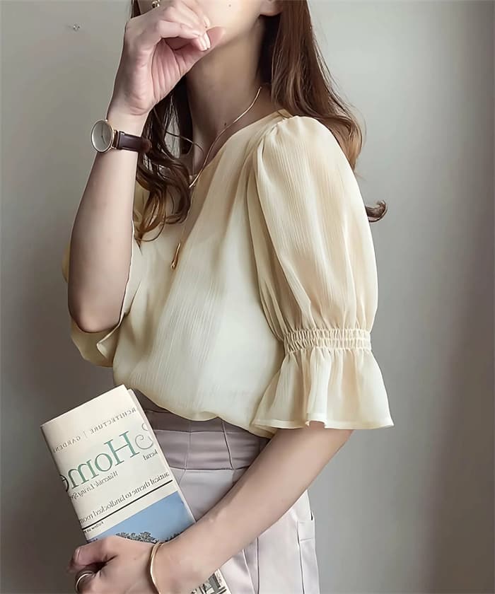 대외 무역 일본 롯데 폭발 단색 반팔 티셔츠 라운드 넥 거품 소매 쉬폰 블라우스 기본 셔츠 맨위 상세 이미지 7