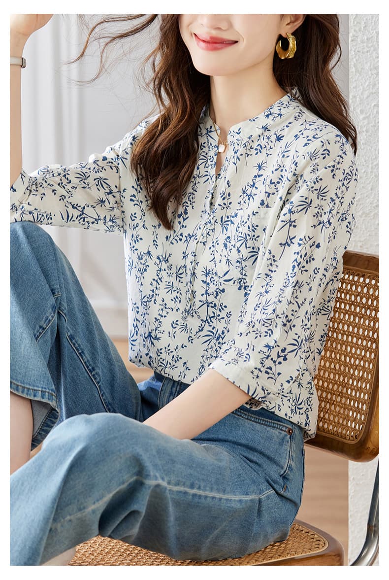 2026 여름 드레스 7부 소매 국풍 순면 맨위 Chic 연령 감소 셔츠 청화 백자 작은 꽃무늬 셔츠