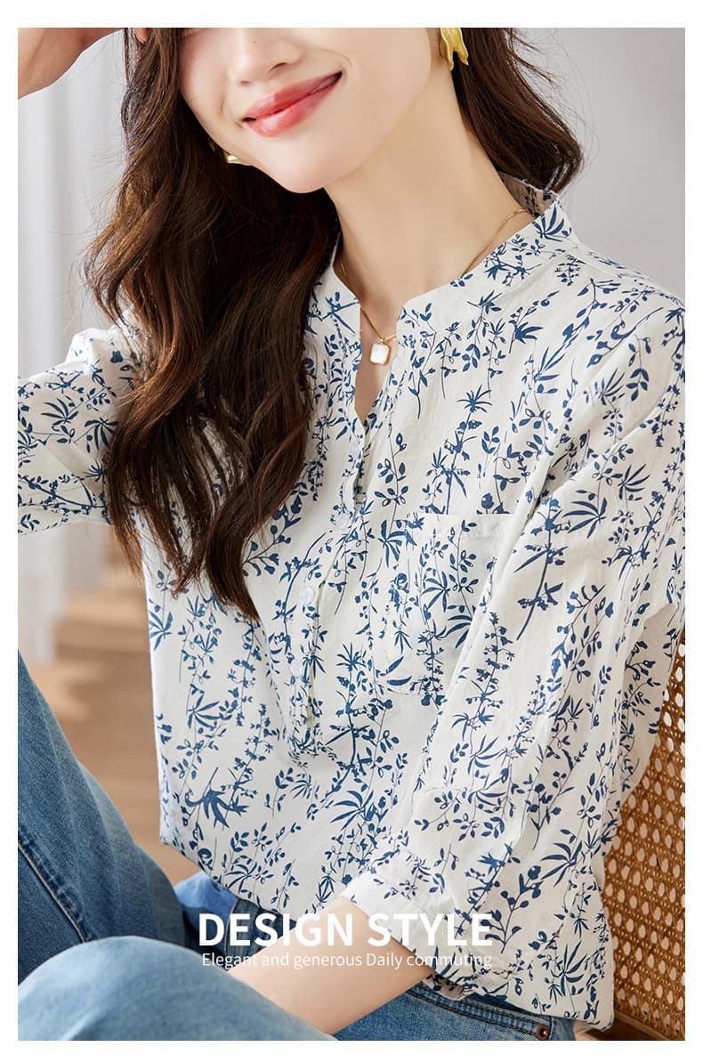 2026 여름 드레스 7부 소매 국풍 순면 맨위 Chic 연령 감소 셔츠 청화 백자 작은 꽃무늬 셔츠 상세 이미지 4