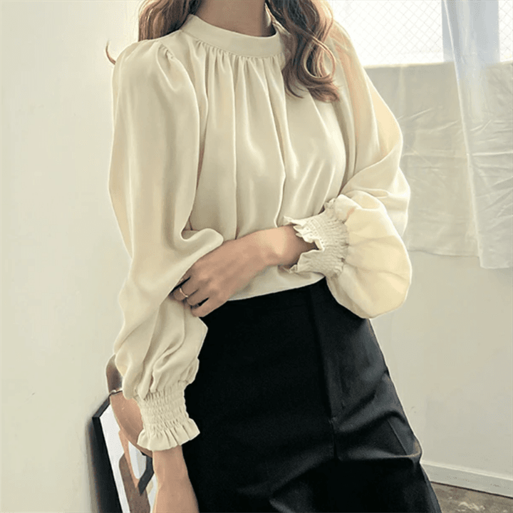 가을 의상 새로운 한국 맨위 롯데 속도 건조한 쉽지 않음 주름 라운드 터틀넥 거품 소매 쉬폰 셔츠 상세 이미지 10