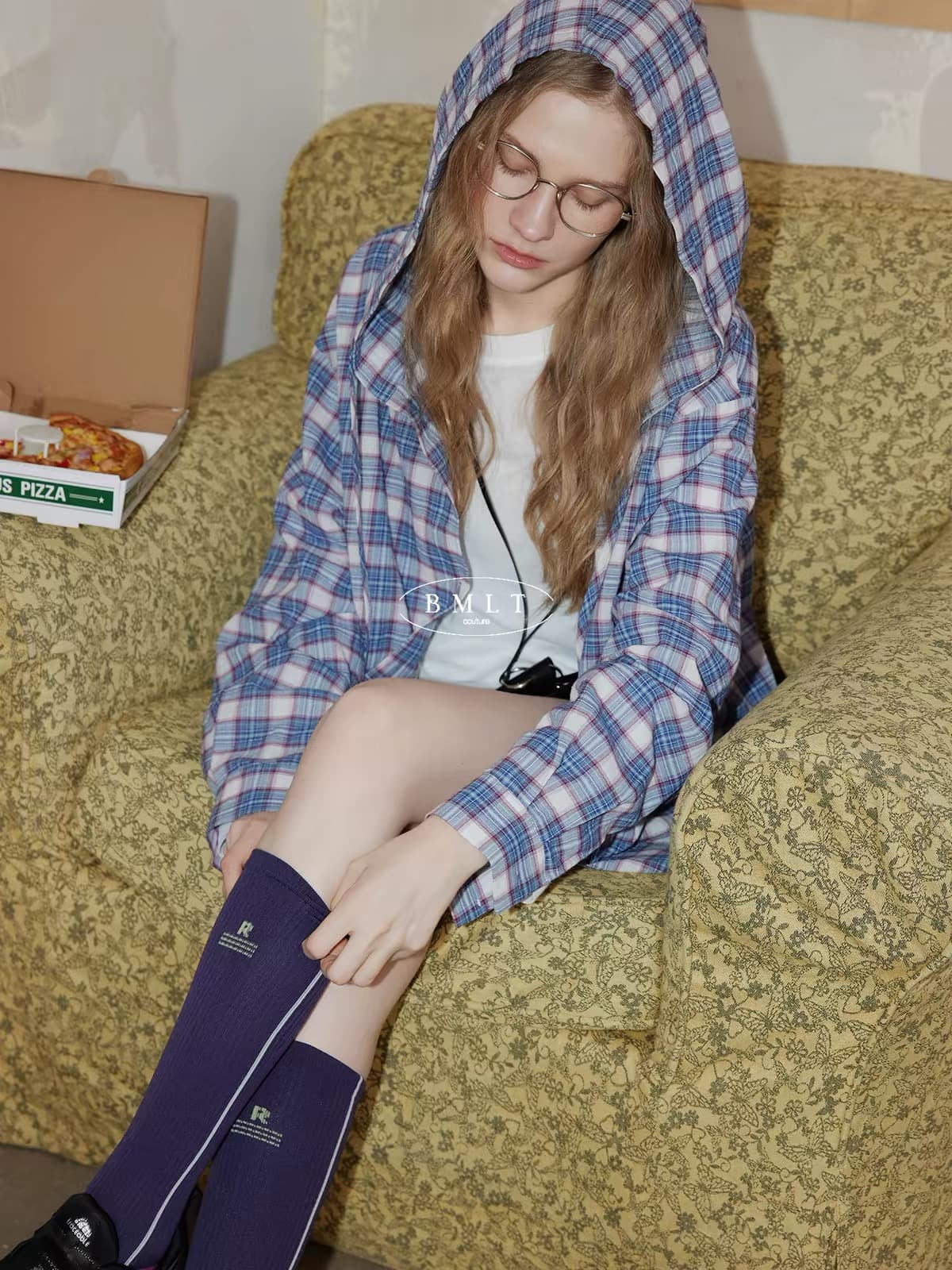 오래된 레인 심지어 그림자 문예 신선함 블루 분말 체크무늬 후드 셔츠 긴팔 햇빛 가리개 레트로 느슨함 여성 코트 이미지 2