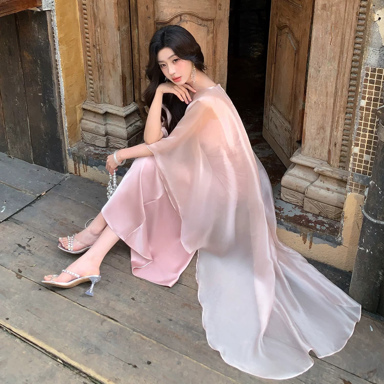 리우 지혜 음과 분말 실 데이트 핑크색 엷 은 안개 블라우스 슬립 드레스 우아한 휴가 해변 드레스 예복 치마 이미지 5