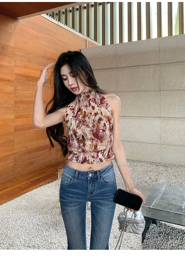 그는 아침 꽃무늬 반하이넥 쇼트 스타일 허리 수축 슬림해 보이는 맨위 민소매 쉬폰 주름 핫걸 조끼 프린트 셔츠 상세 이미지 20
