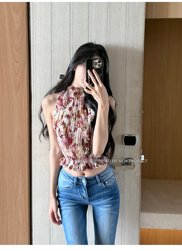 그는 아침 꽃무늬 반하이넥 쇼트 스타일 허리 수축 슬림해 보이는 맨위 민소매 쉬폰 주름 핫걸 조끼 프린트 셔츠 상세 이미지 22