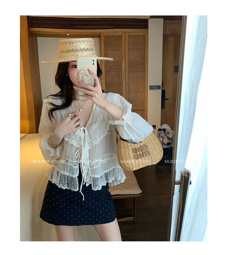 mukok 프랑스식 화이트 주간 실크 라미 V넥 랜턴 긴팔 여성 셔츠 봄 여름 새로운 레이스 측면 자외선 차단 작은 셔츠 상세 이미지 11