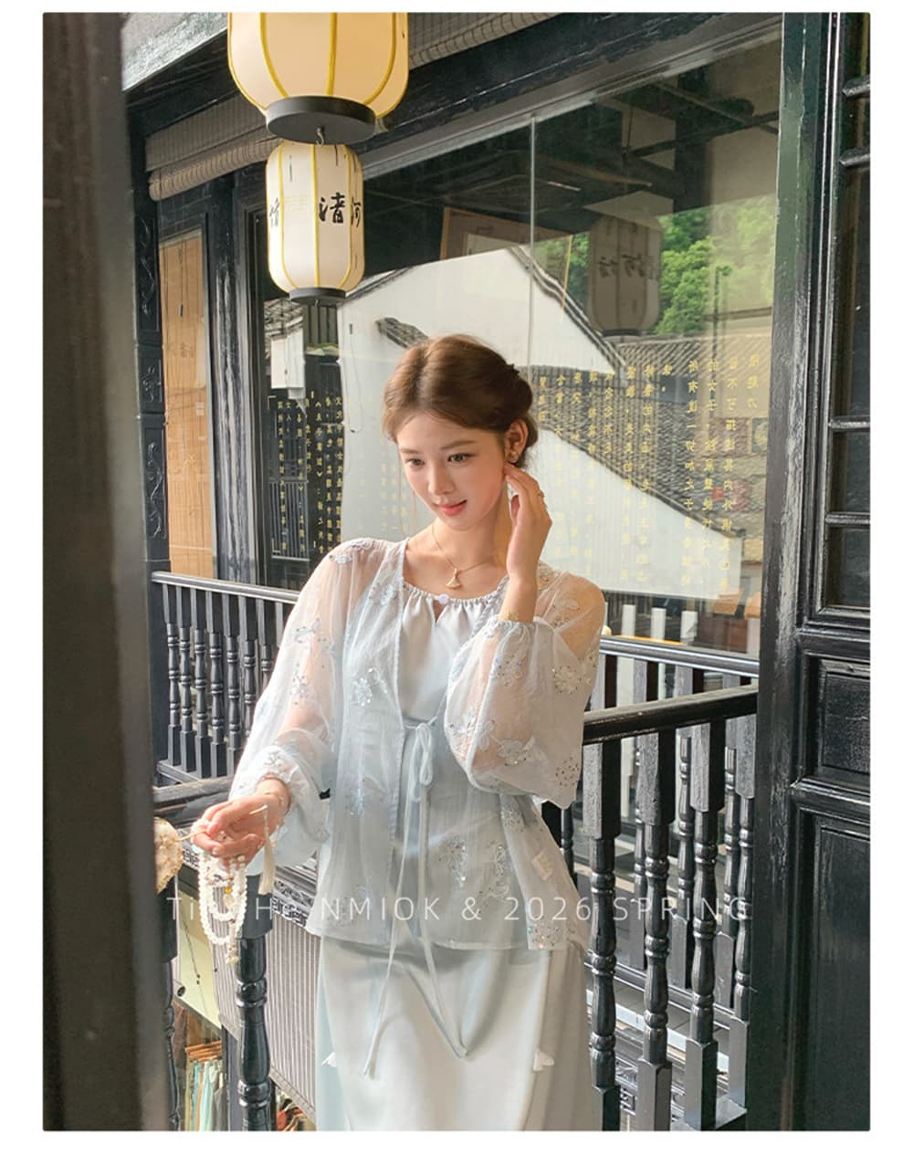 파빌리온 와우 물 속에서 반사하다 달 새로운 중식 새틴 허리 수축 슬립 드레스 요정 가스 바람 망사 숄 국풍 세트 여성 상세 이미지 12