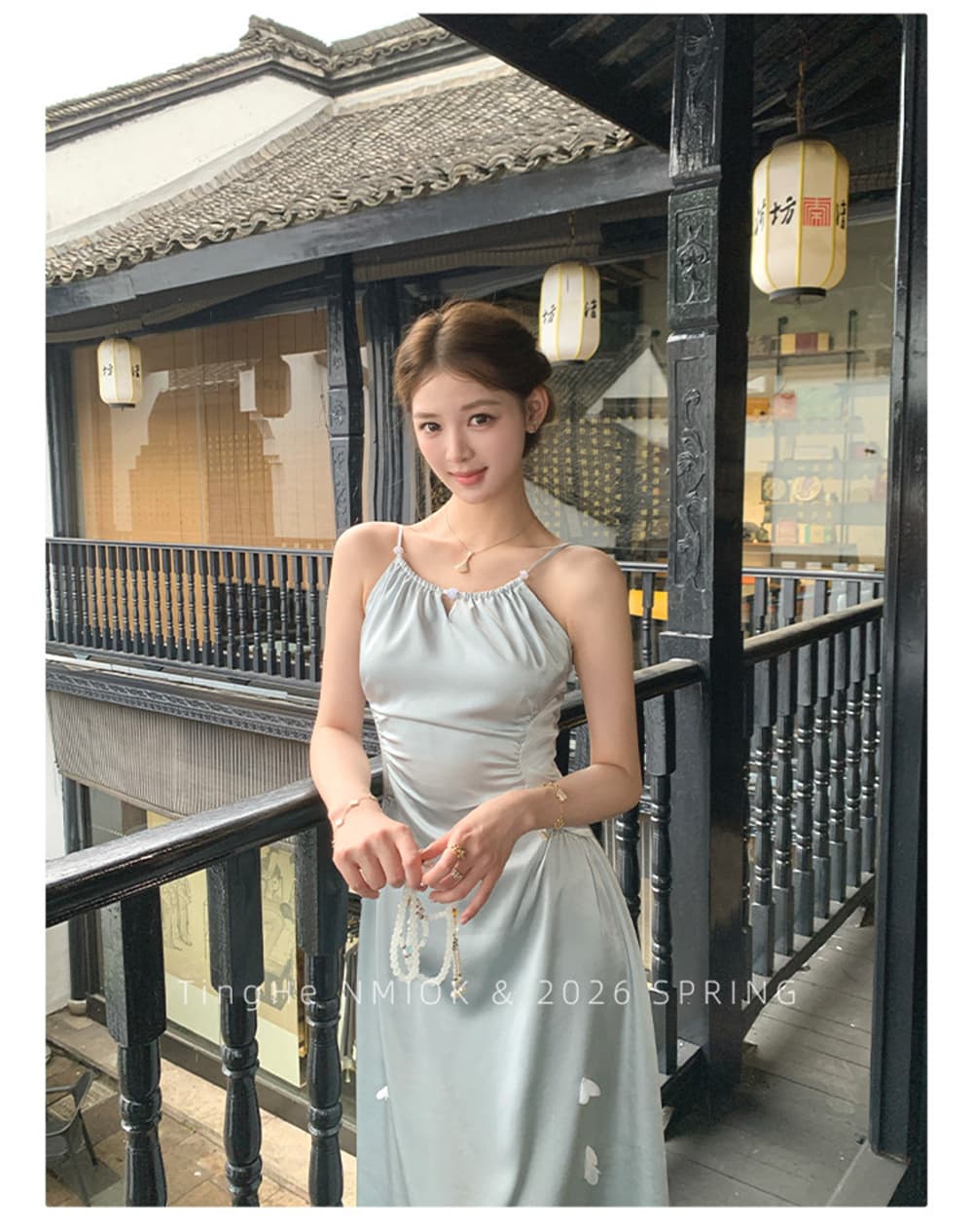 파빌리온 와우 물 속에서 반사하다 달 새로운 중식 새틴 허리 수축 슬립 드레스 요정 가스 바람 망사 숄 국풍 세트 여성 상세 이미지 18