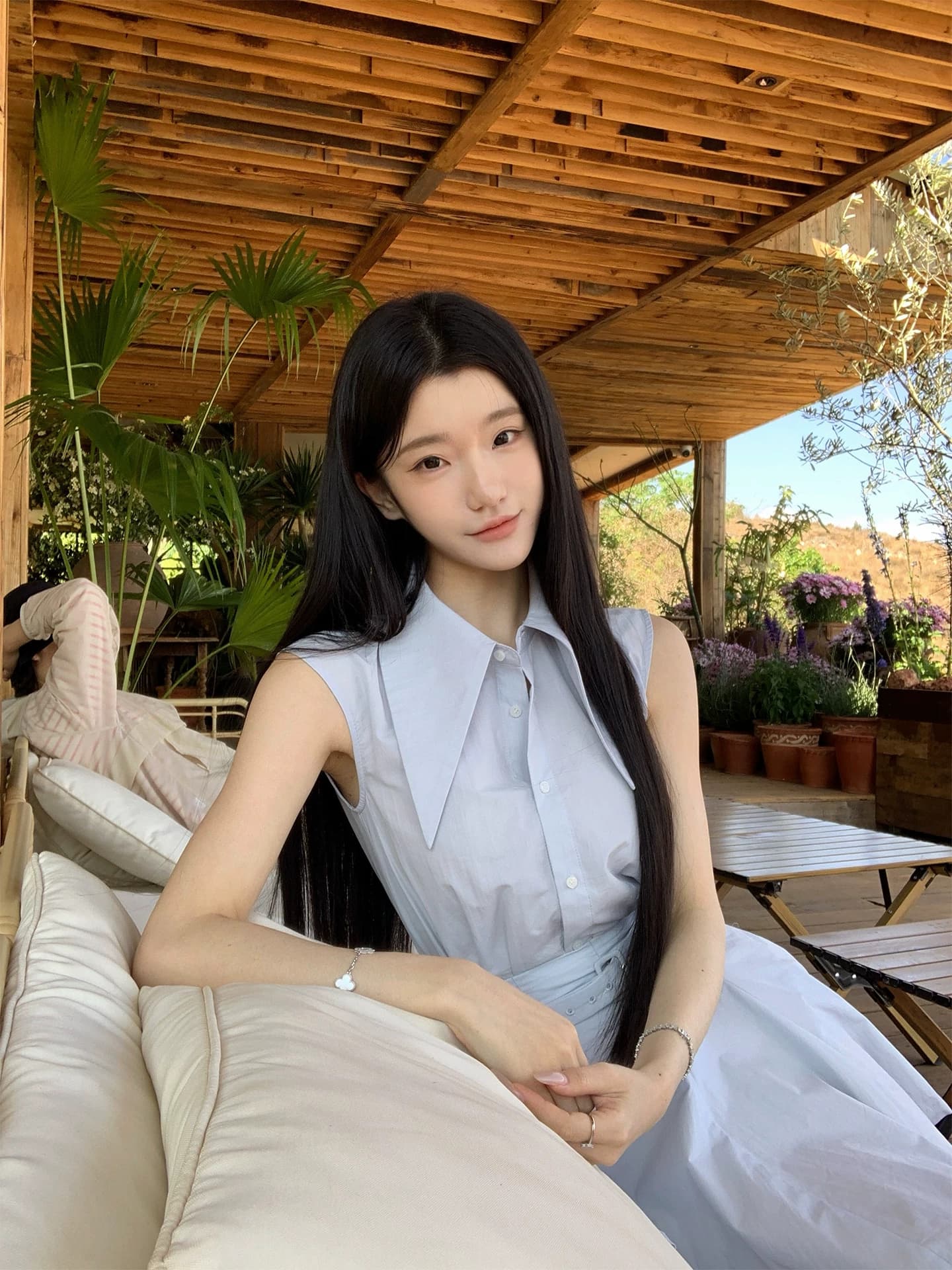 yiyiwang 워터 프론트 첫사랑 한 부서 바다 소금 블루 폴로 칼라 민소매 맨위 세트 슬림해 보이는 벨트 한 마디 반 스커트 이미지 3
