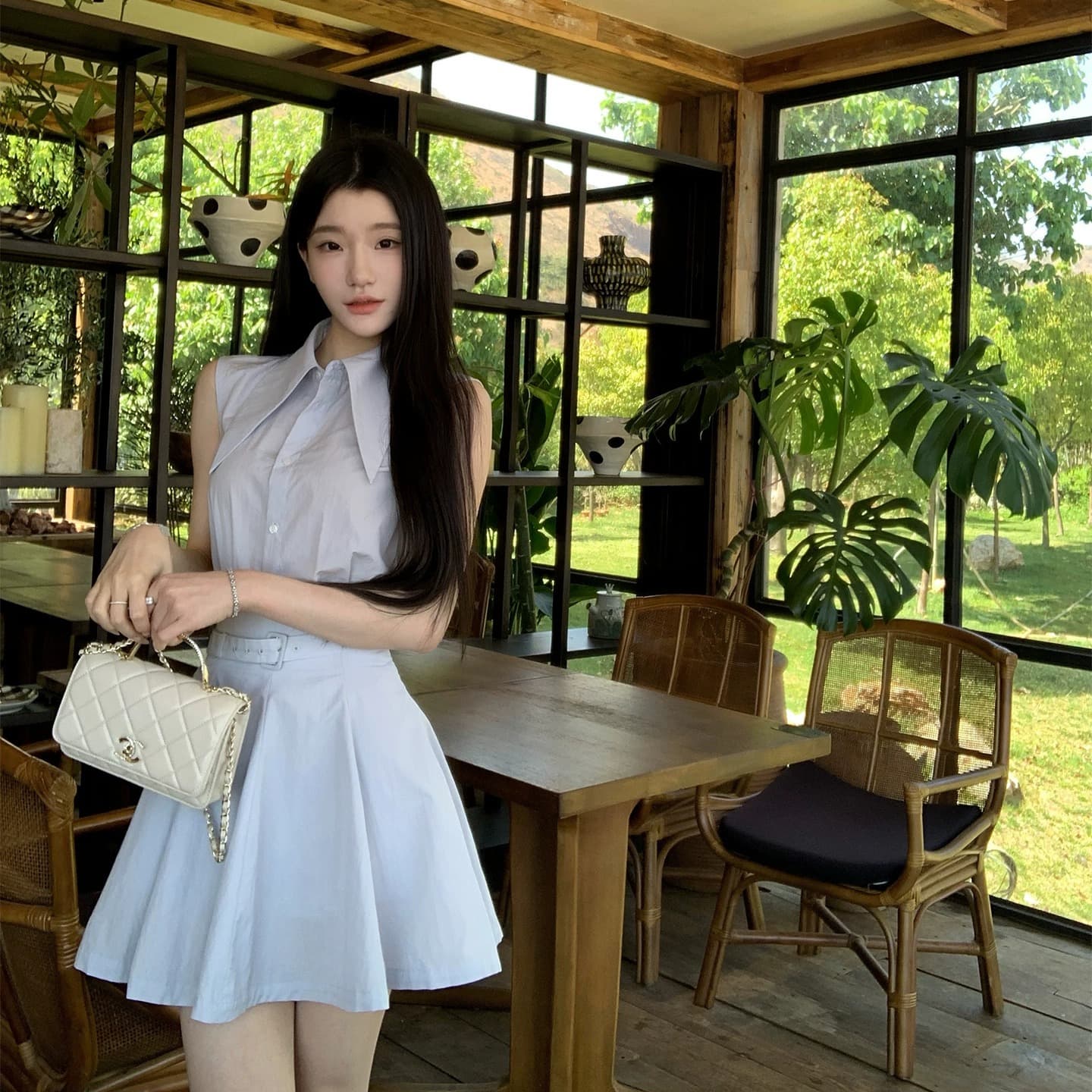 yiyiwang 워터 프론트 첫사랑 한 부서 바다 소금 블루 폴로 칼라 민소매 맨위 세트 슬림해 보이는 벨트 한 마디 반 스커트 이미지 5