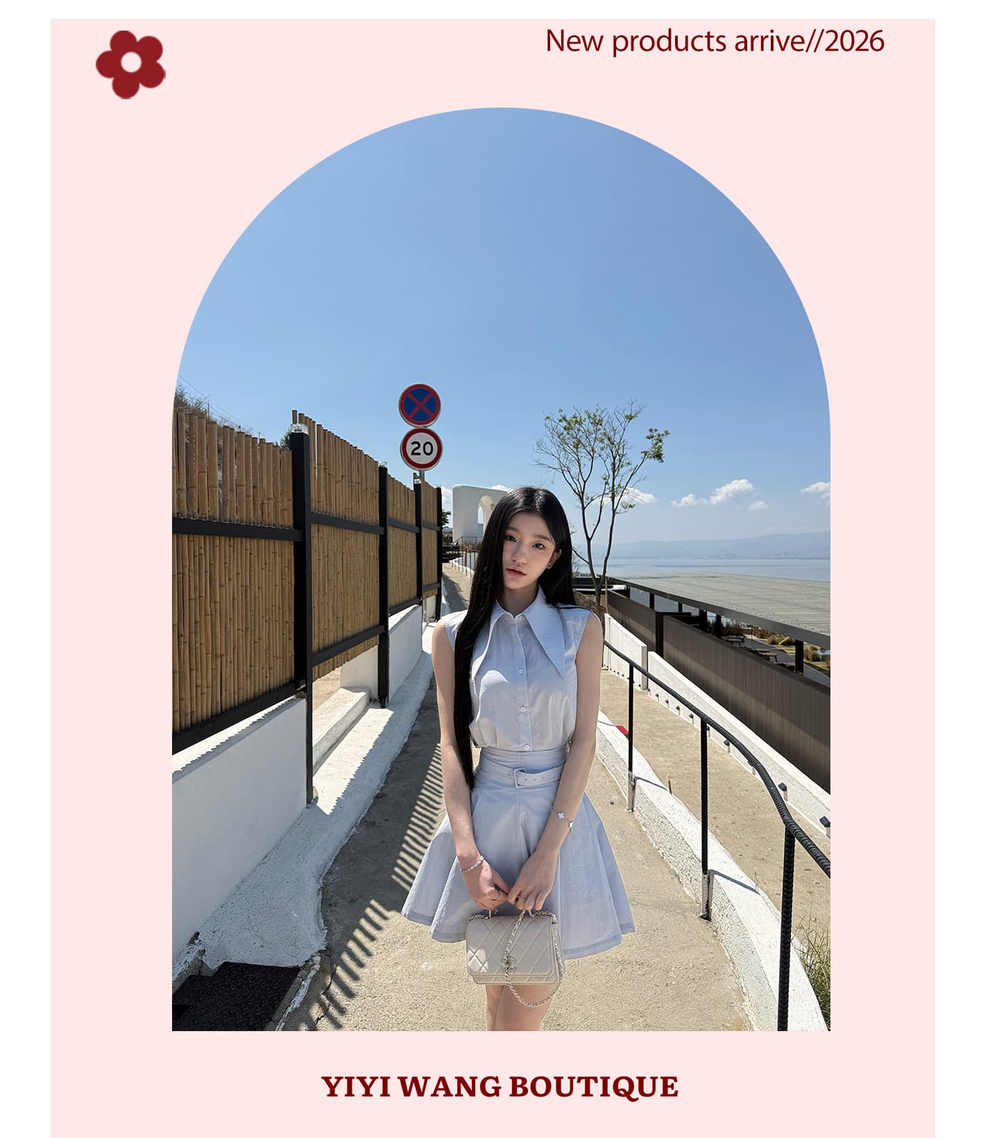 yiyiwang 워터 프론트 첫사랑 한 부서 바다 소금 블루 폴로 칼라 민소매 맨위 세트 슬림해 보이는 벨트 한 마디 반 스커트 상세 이미지 2