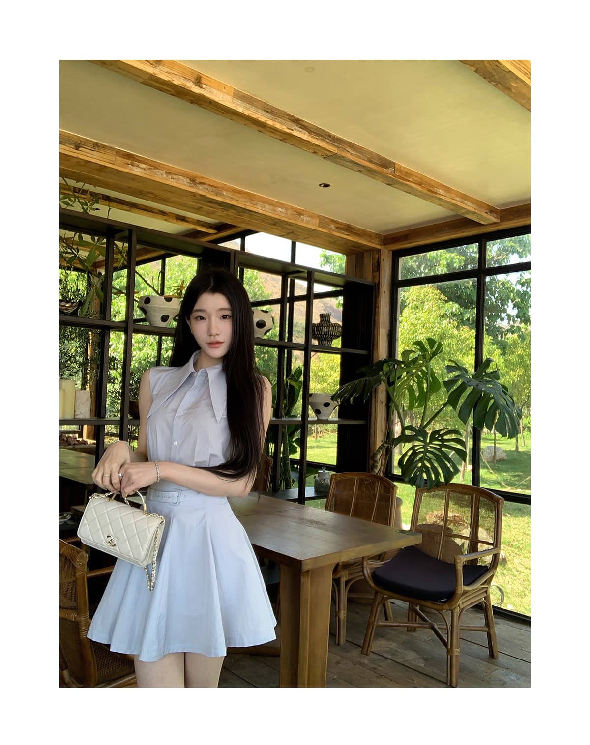 yiyiwang 워터 프론트 첫사랑 한 부서 바다 소금 블루 폴로 칼라 민소매 맨위 세트 슬림해 보이는 벨트 한 마디 반 스커트 상세 이미지 7