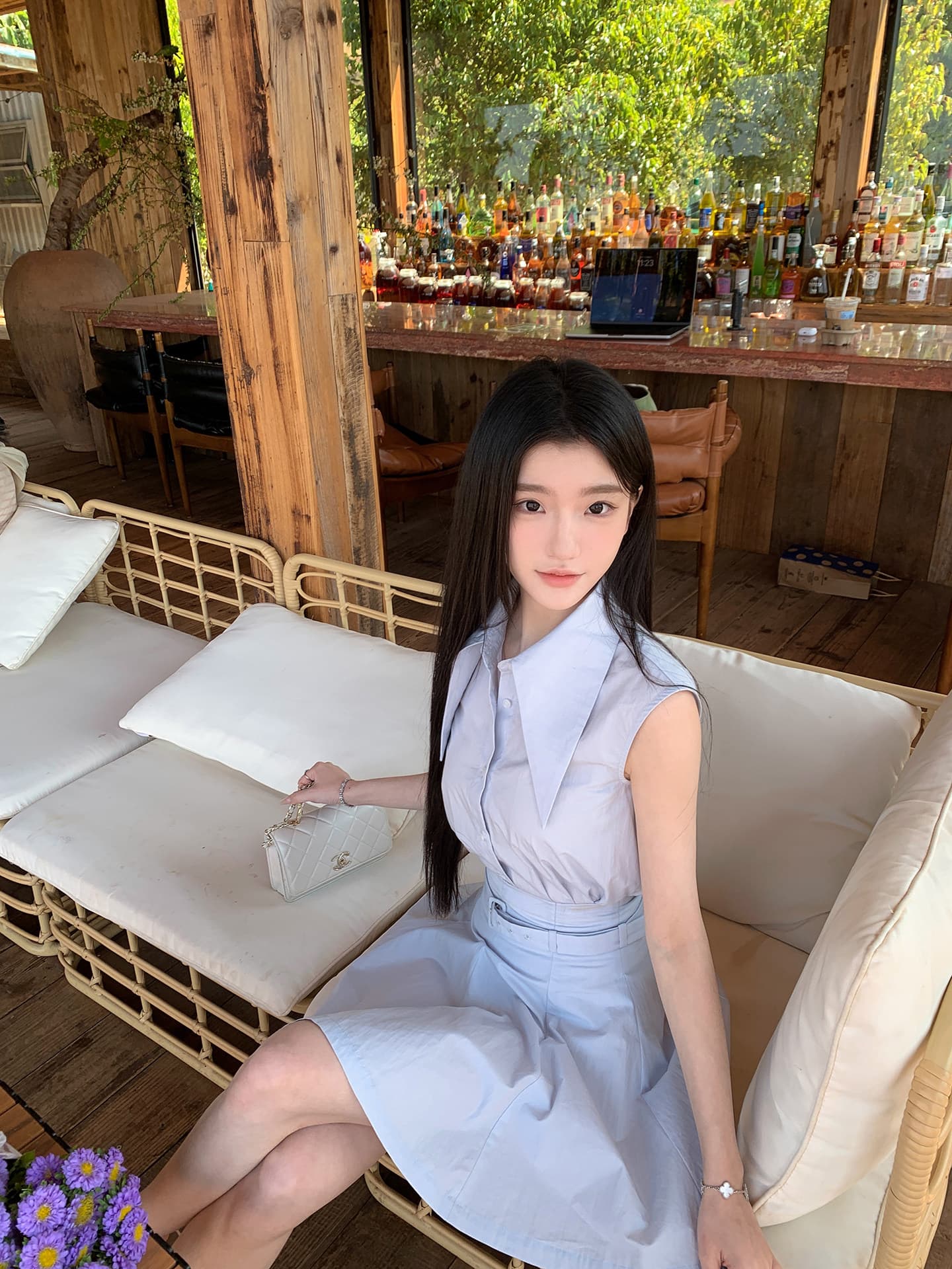 yiyiwang 워터 프론트 첫사랑 한 부서 바다 소금 블루 폴로 칼라 민소매 맨위 세트 슬림해 보이는 벨트 한 마디 반 스커트 상세 이미지 14