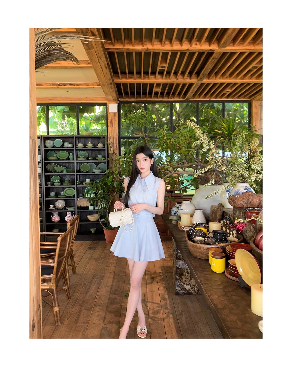 yiyiwang 워터 프론트 첫사랑 한 부서 바다 소금 블루 폴로 칼라 민소매 맨위 세트 슬림해 보이는 벨트 한 마디 반 스커트 상세 이미지 15