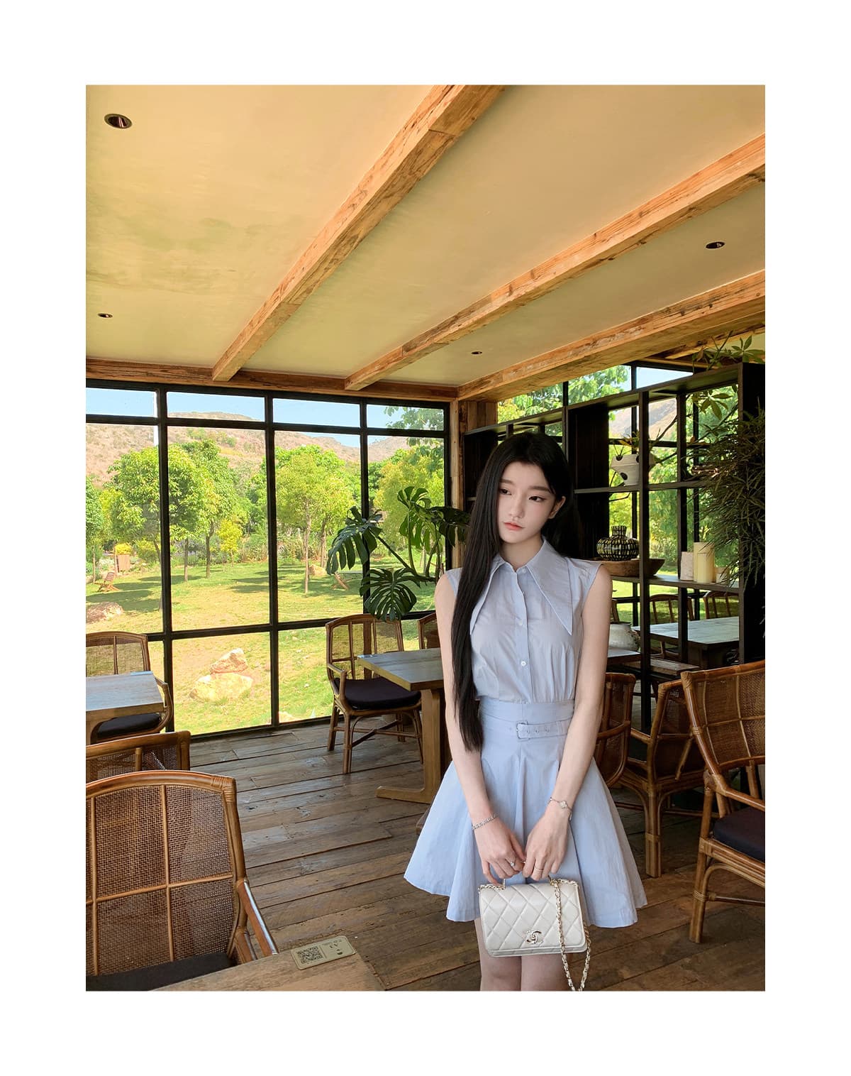 yiyiwang 워터 프론트 첫사랑 한 부서 바다 소금 블루 폴로 칼라 민소매 맨위 세트 슬림해 보이는 벨트 한 마디 반 스커트 상세 이미지 19
