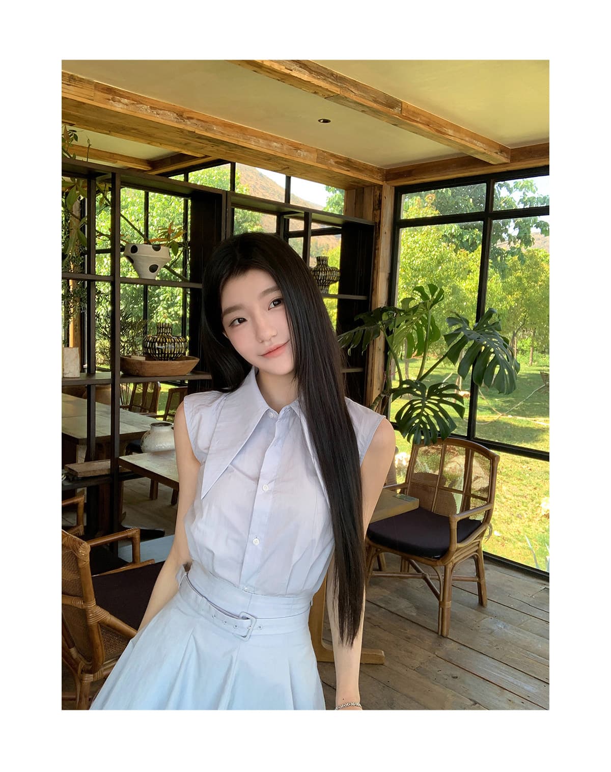 yiyiwang 워터 프론트 첫사랑 한 부서 바다 소금 블루 폴로 칼라 민소매 맨위 세트 슬림해 보이는 벨트 한 마디 반 스커트 상세 이미지 21