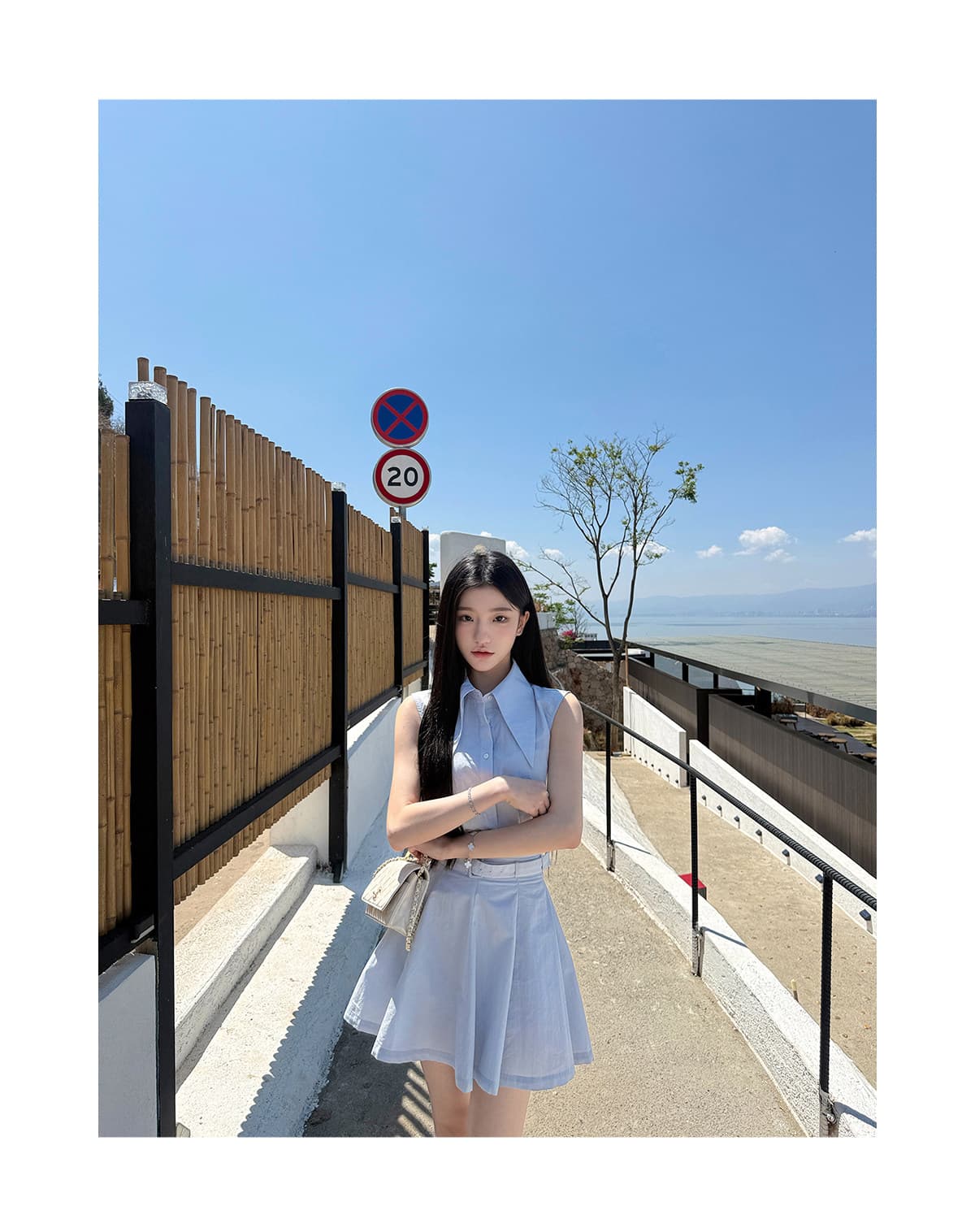 yiyiwang 워터 프론트 첫사랑 한 부서 바다 소금 블루 폴로 칼라 민소매 맨위 세트 슬림해 보이는 벨트 한 마디 반 스커트 상세 이미지 23