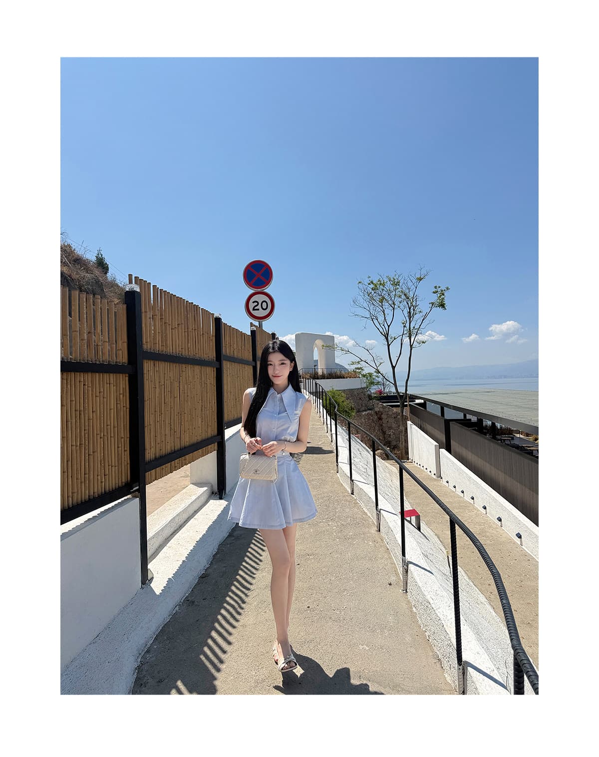 yiyiwang 워터 프론트 첫사랑 한 부서 바다 소금 블루 폴로 칼라 민소매 맨위 세트 슬림해 보이는 벨트 한 마디 반 스커트 상세 이미지 25