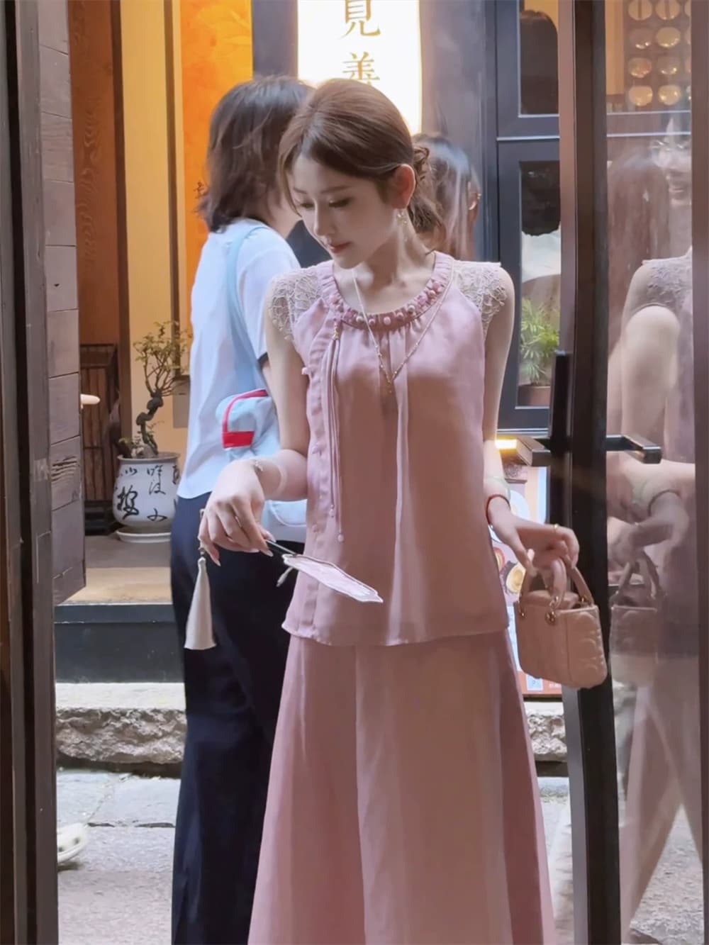 파빌리온 와우 옥 술 새로운 중식 100 명 실크 딩 분말 반팔 맨위 반신 스커트 여성 여름 국풍 세트 이미지 4