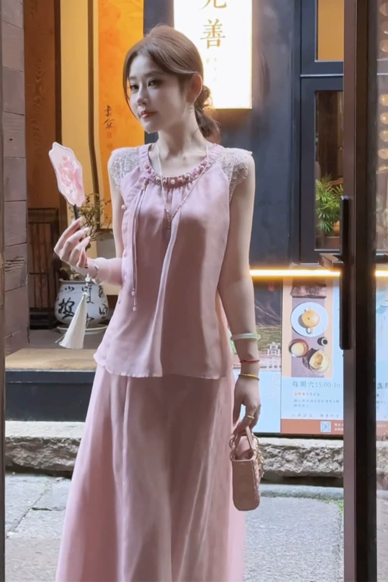 파빌리온 와우 옥 술 새로운 중식 100 명 실크 딩 분말 반팔 맨위 반신 스커트 여성 여름 국풍 세트 이미지 6