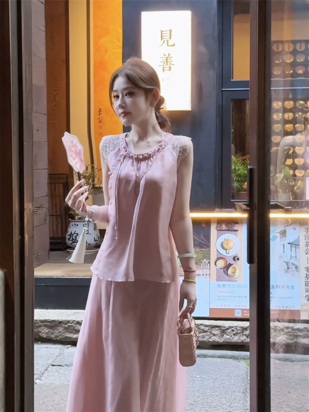 파빌리온 와우 옥 술 새로운 중식 100 명 실크 딩 분말 반팔 맨위 반신 스커트 여성 여름 국풍 세트 상세 이미지 17