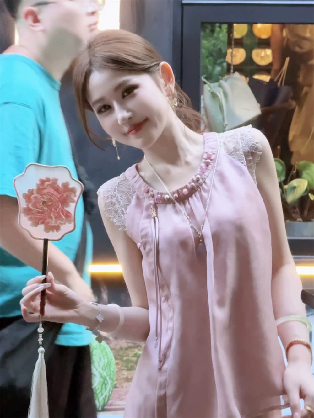 파빌리온 와우 옥 술 새로운 중식 100 명 실크 딩 분말 반팔 맨위 반신 스커트 여성 여름 국풍 세트 상세 이미지 19