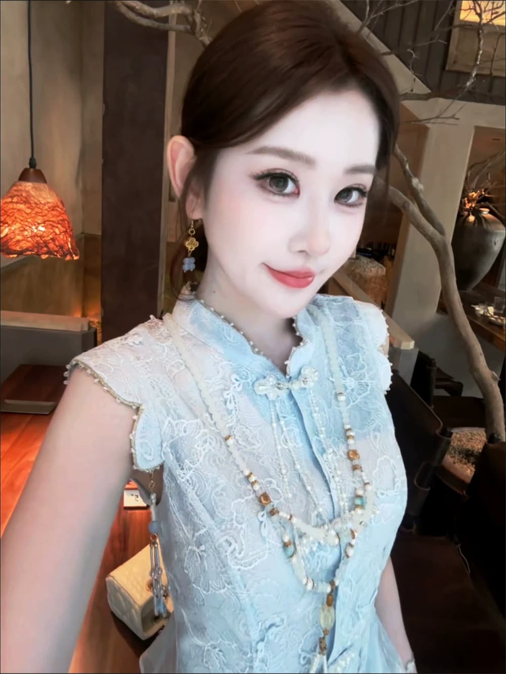 파빌리온 와우 나비 소매 새로운 중식 은사 섞어 짜다 레이스 자수 베스트 말 얼굴 치마 여성 파란색 국풍 세트 이미지 2