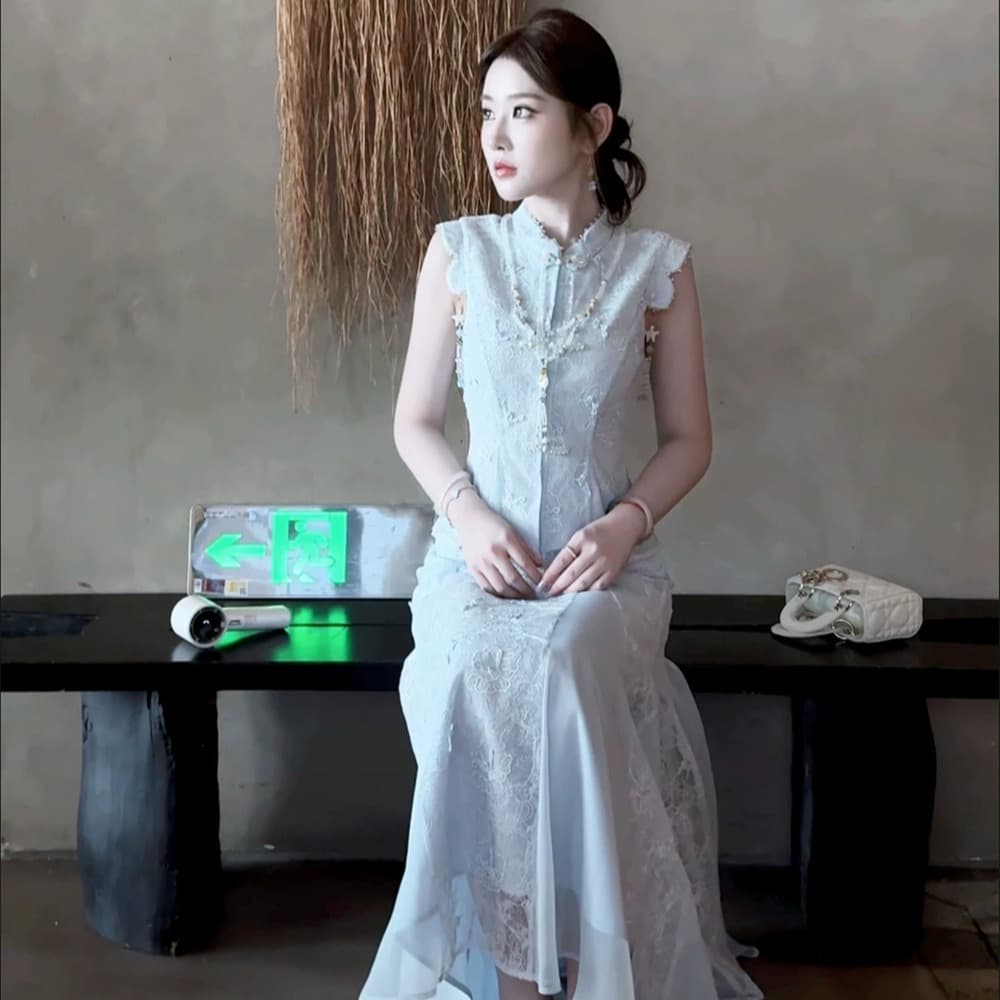 파빌리온 와우 나비 소매 새로운 중식 은사 섞어 짜다 레이스 자수 베스트 말 얼굴 치마 여성 파란색 국풍 세트 이미지 5