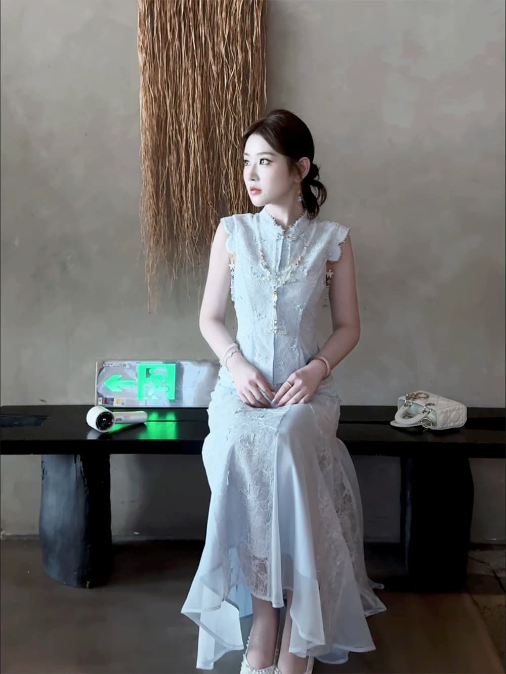 파빌리온 와우 나비 소매 새로운 중식 은사 섞어 짜다 레이스 자수 베스트 말 얼굴 치마 여성 파란색 국풍 세트 상세 이미지 15