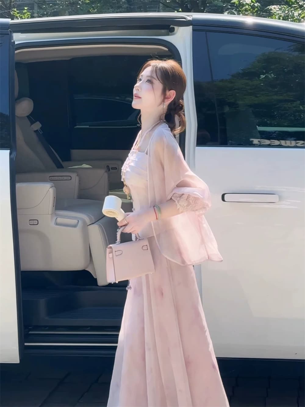 파빌리온 와우 보라색 쌰 새로운 중식 수묵화 헤일로 염색 슬립 바지 망사 오픈 가디건 세 조각 여성 세트 여름 새로운 이미지 2