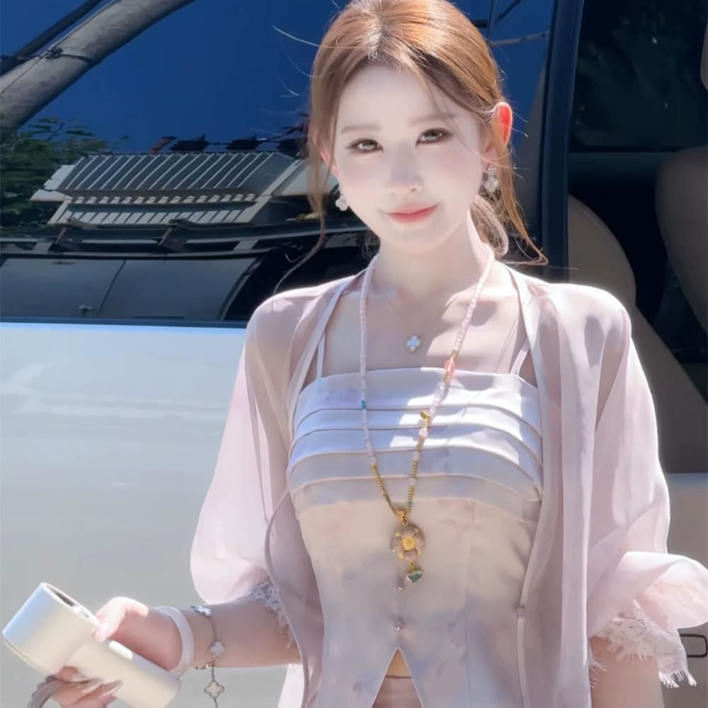 파빌리온 와우 보라색 쌰 새로운 중식 수묵화 헤일로 염색 슬립 바지 망사 오픈 가디건 세 조각 여성 세트 여름 새로운 이미지 5