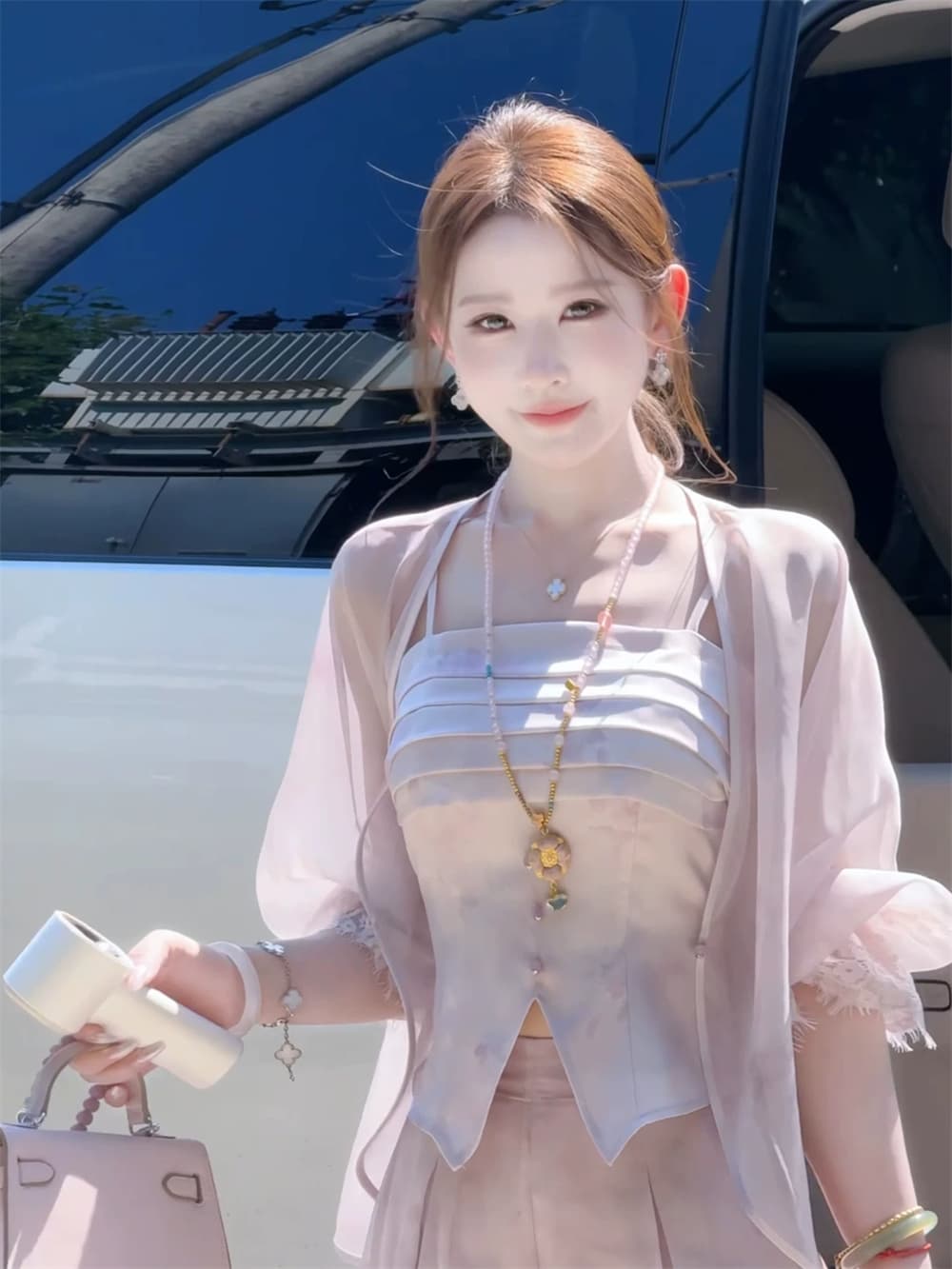 파빌리온 와우 보라색 쌰 새로운 중식 수묵화 헤일로 염색 슬립 바지 망사 오픈 가디건 세 조각 여성 세트 여름 새로운 상세 이미지 18