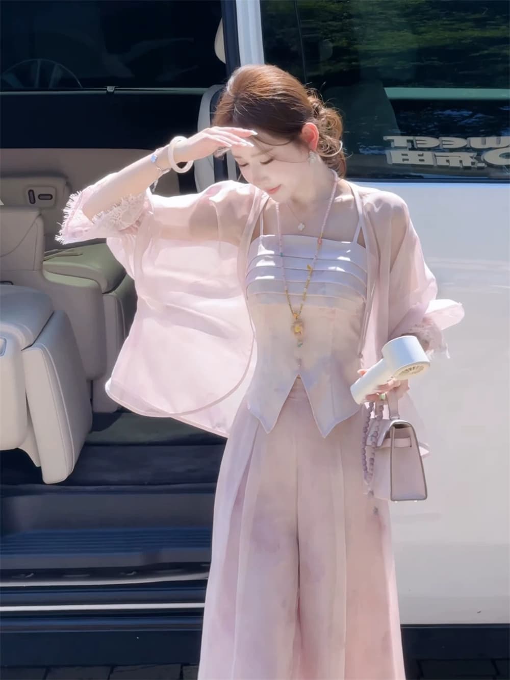 파빌리온 와우 보라색 쌰 새로운 중식 수묵화 헤일로 염색 슬립 바지 망사 오픈 가디건 세 조각 여성 세트 여름 새로운 상세 이미지 20