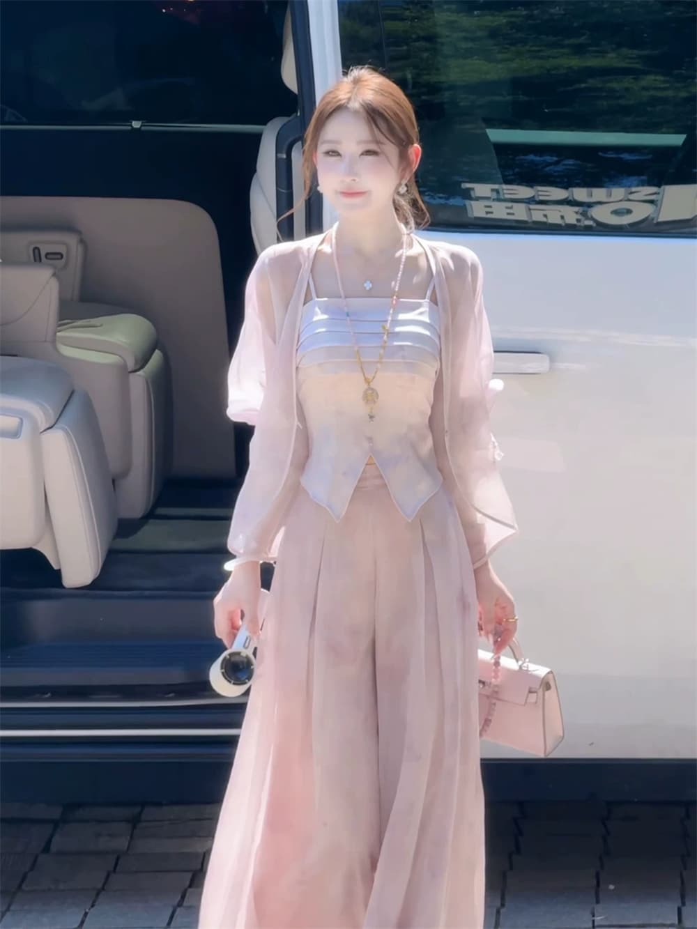 파빌리온 와우 보라색 쌰 새로운 중식 수묵화 헤일로 염색 슬립 바지 망사 오픈 가디건 세 조각 여성 세트 여름 새로운 상세 이미지 21