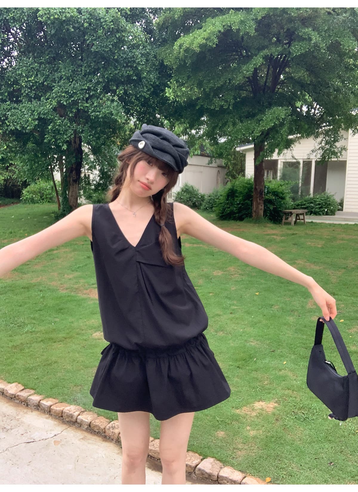 안녕하세요. 대포 미니멀리즘 디자인 센스 작은 대중 V넥 핀치 Pleat 펌프 로프 스태킹 조끼 맨위 여성 여름 단색 작은 셔츠 상세 이미지 33