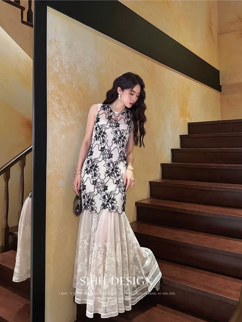 세 지 블랙 꽃 대나무 객실 체스 새로운 중식 구슬 조각 로프 자수 새싹 새로운 국풍 조끼 롱 스커트 이미지 2