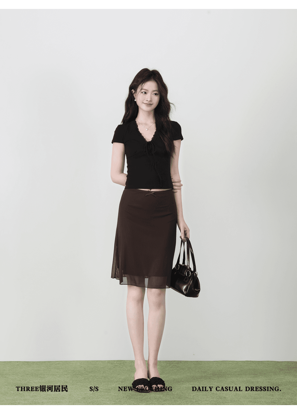 three 은하계 거주자 브라운 타이트 스커트 스트레이트 치마 여성 품격 얇은 스타일 여름 하이웨이스트 슬림해 보이는 망사 반신 스커트 상세 이미지 8
