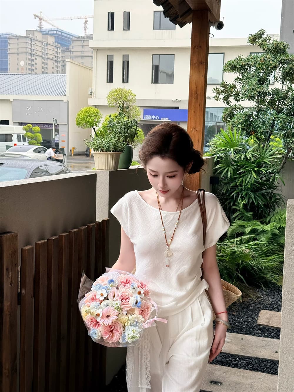 파빌리온 와우 반나절 무용 자 면 아마 느긋한 바람 티셔츠 캐주얼 바지 세트 초기 여름 새로운 출퇴근 여성 의류 상세 이미지 13