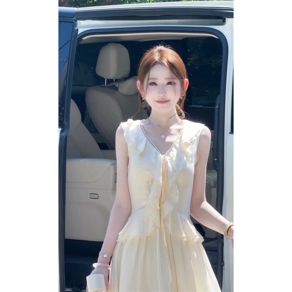 파빌리온 와우 화이트 요금 구름 센스 계단식 프릴 아세트산 여성 드레스 여름 품격 출퇴근 망사 조끼 스커트 이미지 3